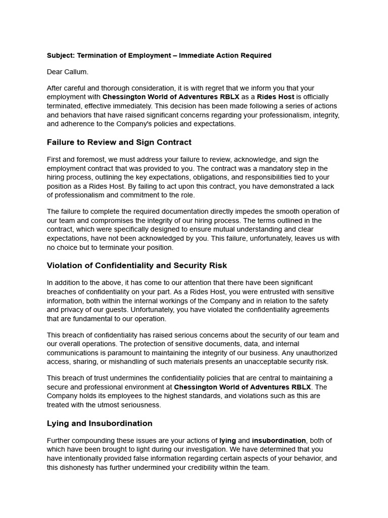 Subject - Termination of Employment - Immediate Action Required | PDF