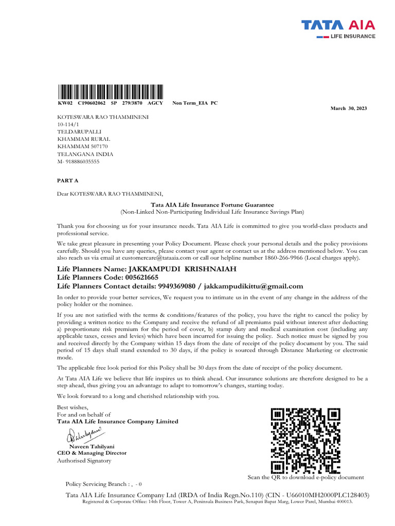 Tata AIA Life Insurance Policy Document | PDF | Insurance | Life Insurance