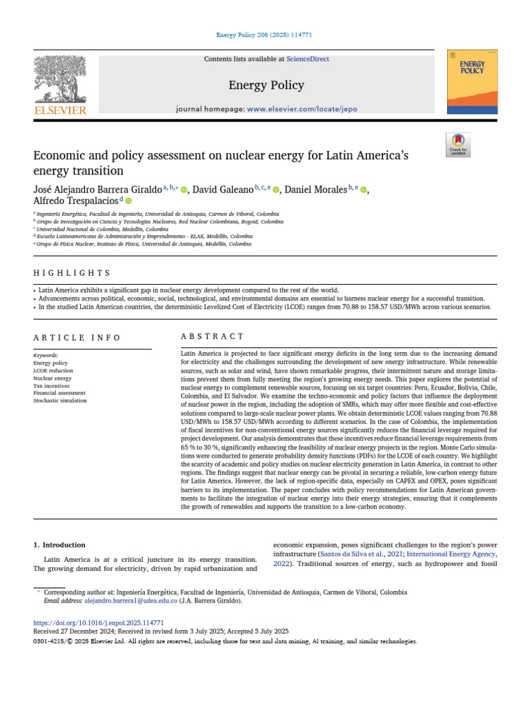Economic and Policy Assessment On Nuclear Energy For Latin America's ...