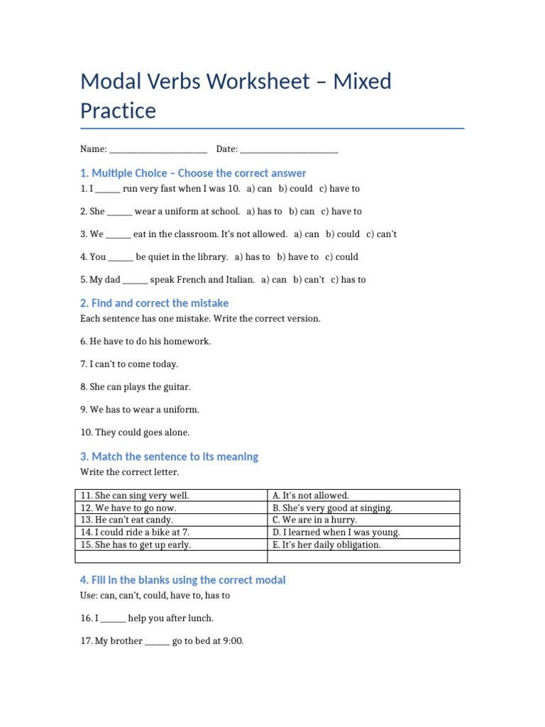 Mixed Modal Verbs Practice Worksheet | PDF