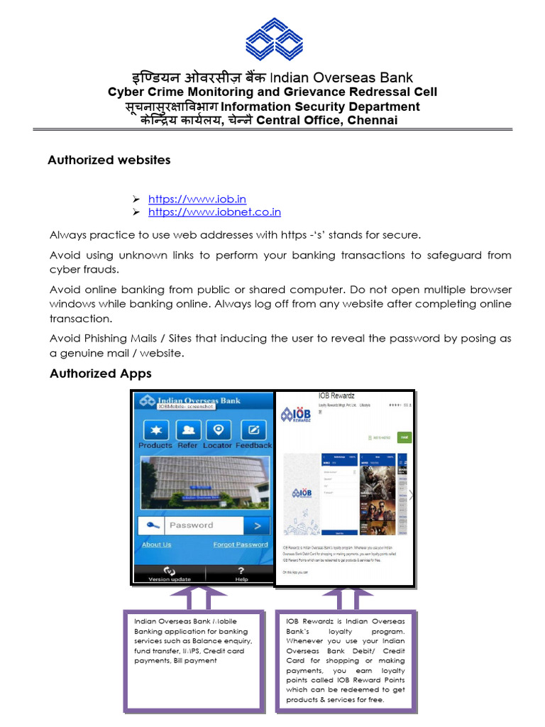 IOB Banking Apps and Security Guidelines | PDF | Credit Card | Banks