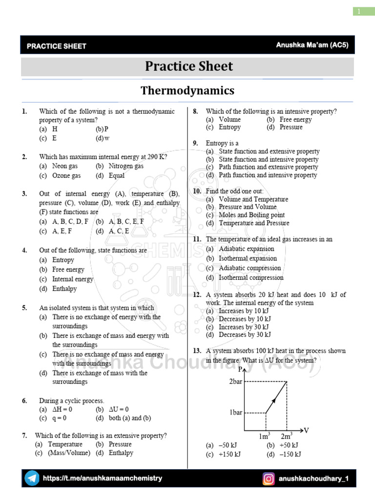Thermodynamics Practice Questions | PDF | Entropy | Enthalpy