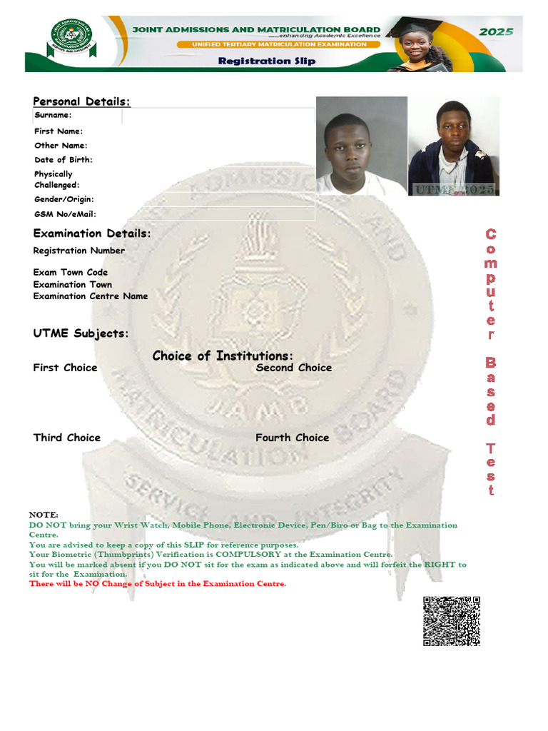UTME Exam Registration Details 2025 | PDF