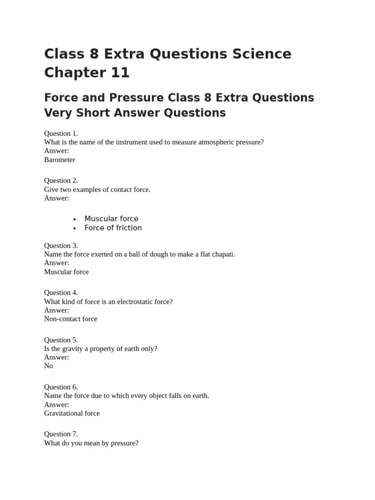 Class 8 Force and Pressure Extra Questions | PDF | Force | Pressure