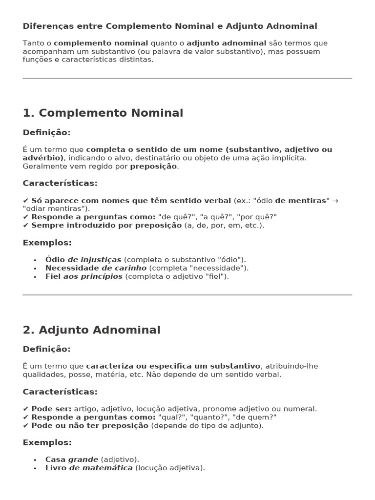 Diferenças Entre Complemento Nominal e Adjunto Adnominal | PDF ...