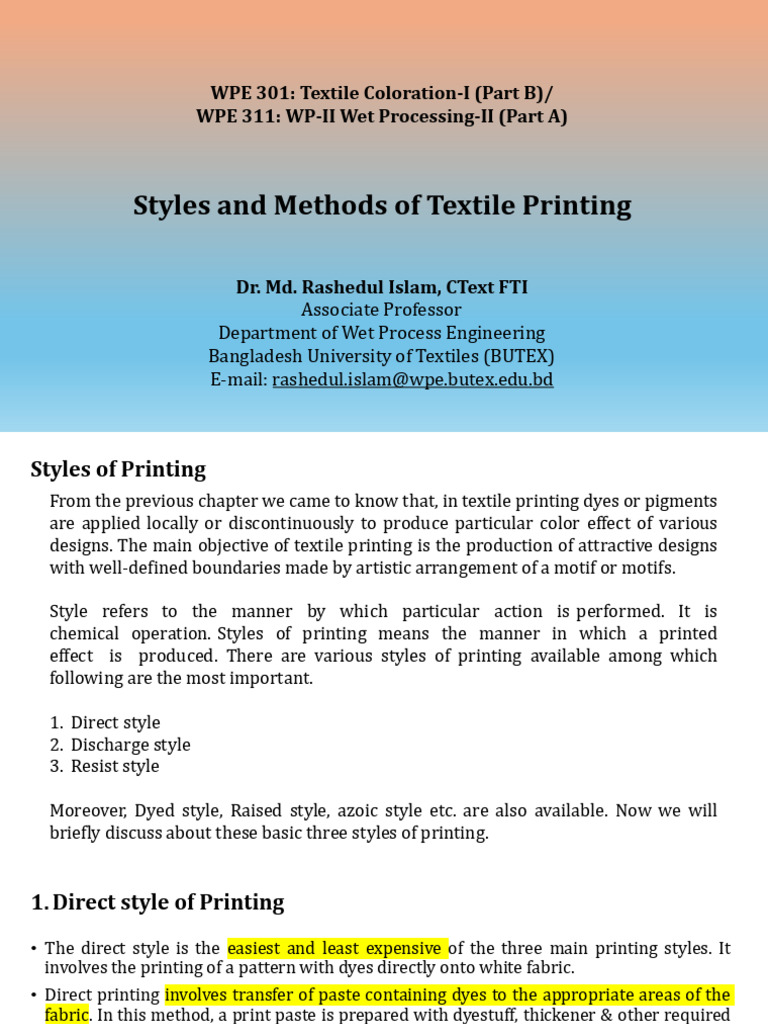 Textile Printing Styles Explained | PDF | Dyeing | Dye