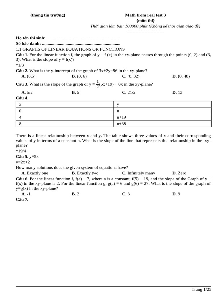 Linear Functions and Equations Test | PDF | Mathematics | Algebra
