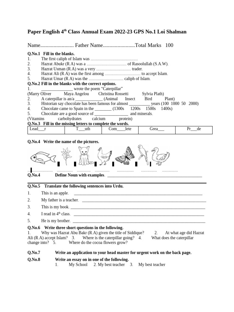 Class 4 English Exam Paper 2022-23 | PDF