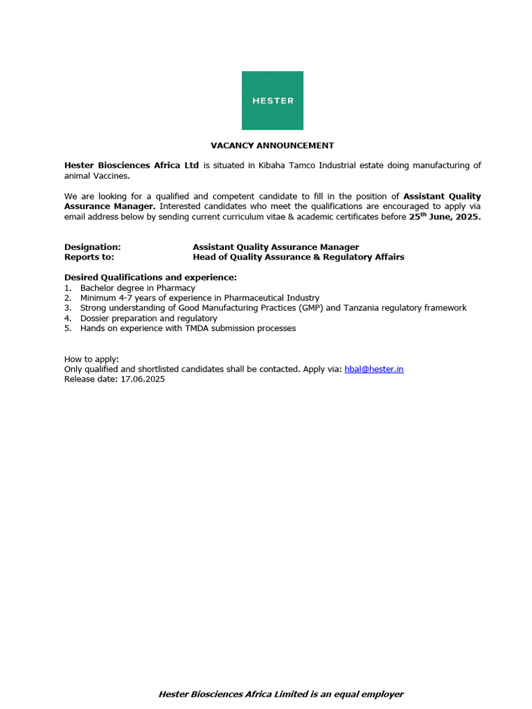 Job Advert-Asst. Qa Manager | PDF
