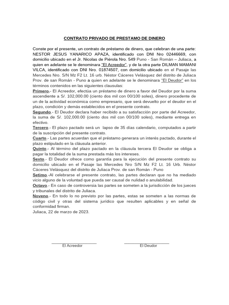 Contrato de Prestamo de Dinero Dilman | PDF