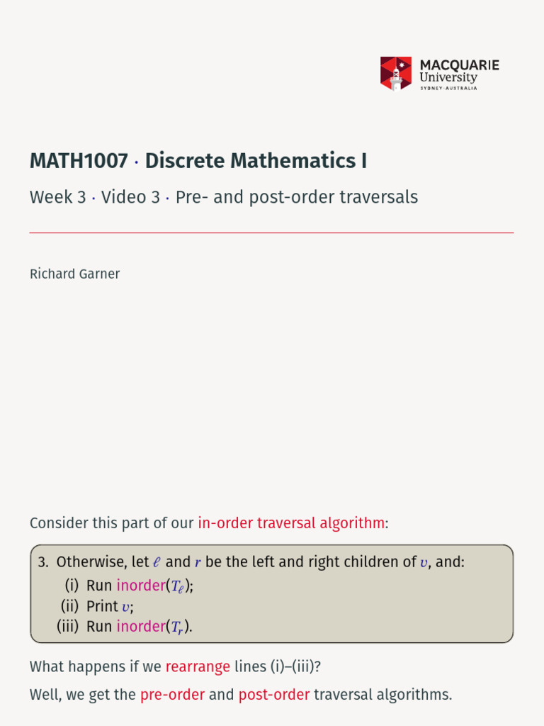 Math1007 Week3 Video3 Pre Post Order Traversals | PDF
