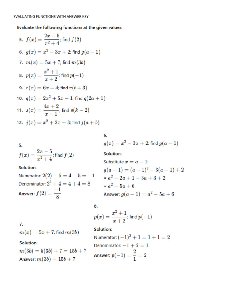 Evaluating Functions With Answer Key | PDF