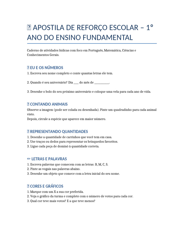 Apostila de Reforço - 1º Ano | PDF