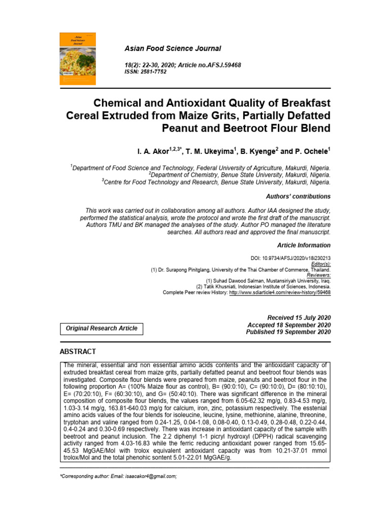 Chemical and Antioxidant Quality of Breakfast | PDF | Cereals | Flour