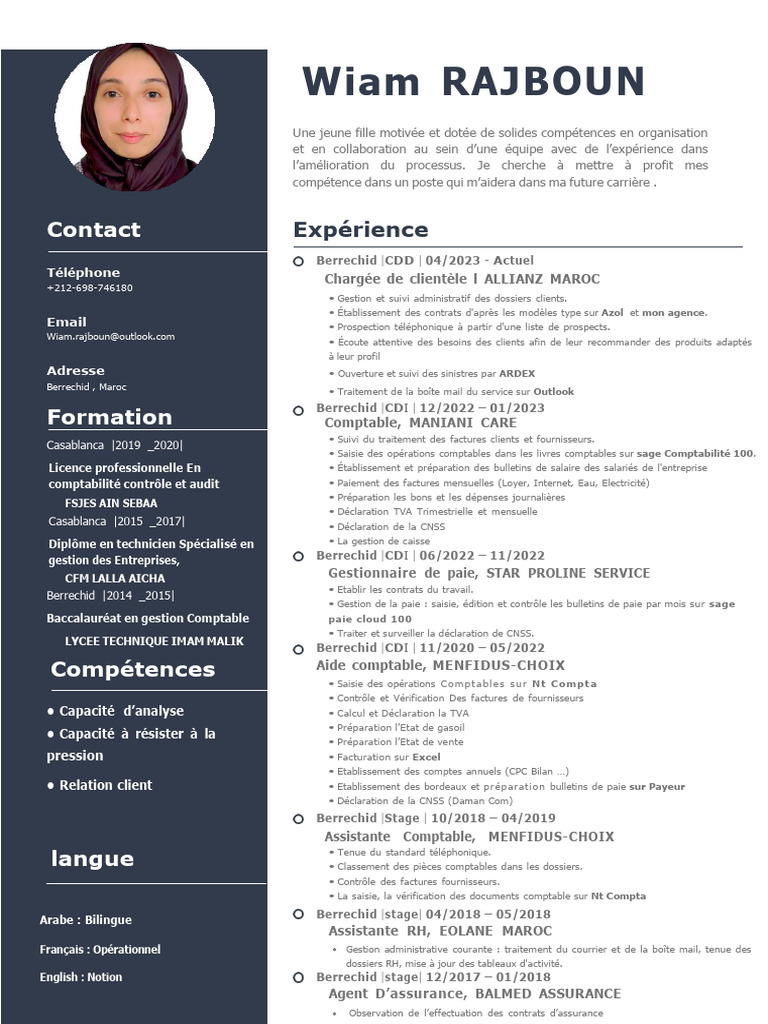 CV de Wiam Rajboun - Comptabilité et Clientèle | PDF | Facture | Business