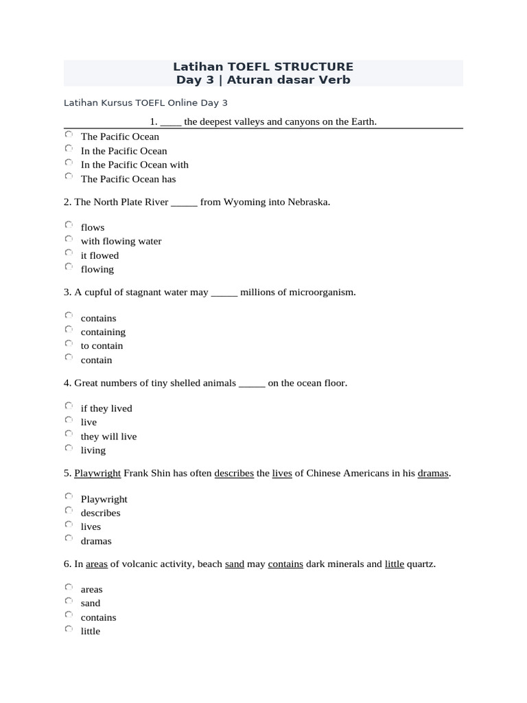 TOEFL Structure Practice: Verbs | PDF