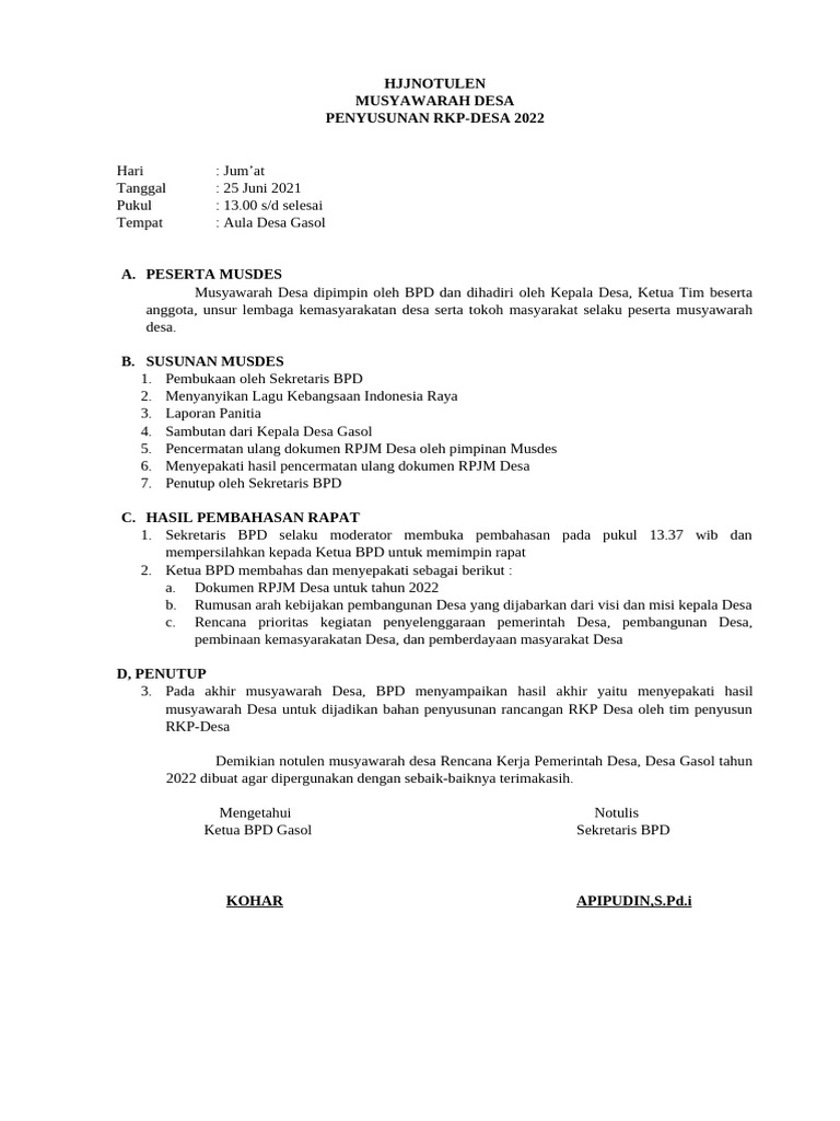 Notulen Musdes RKP Desa 2022 | PDF