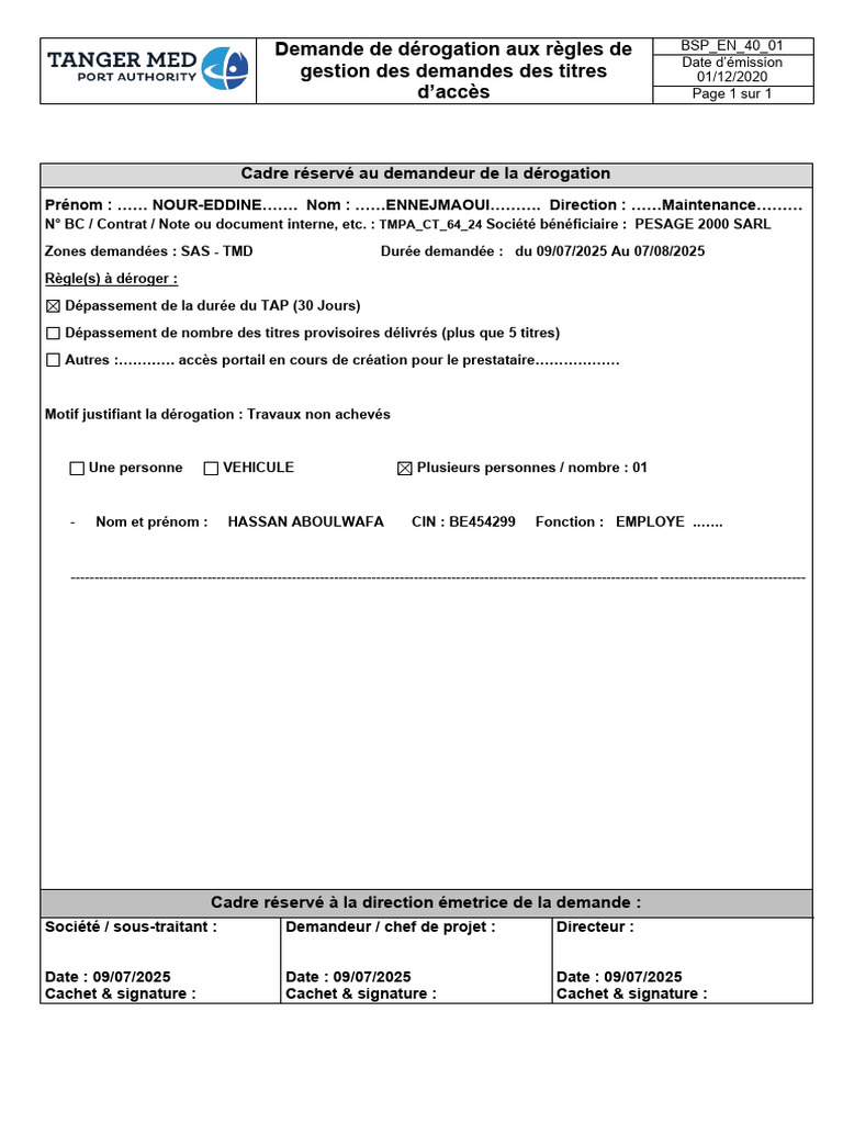 Demande de dérogation pour accès titres | PDF