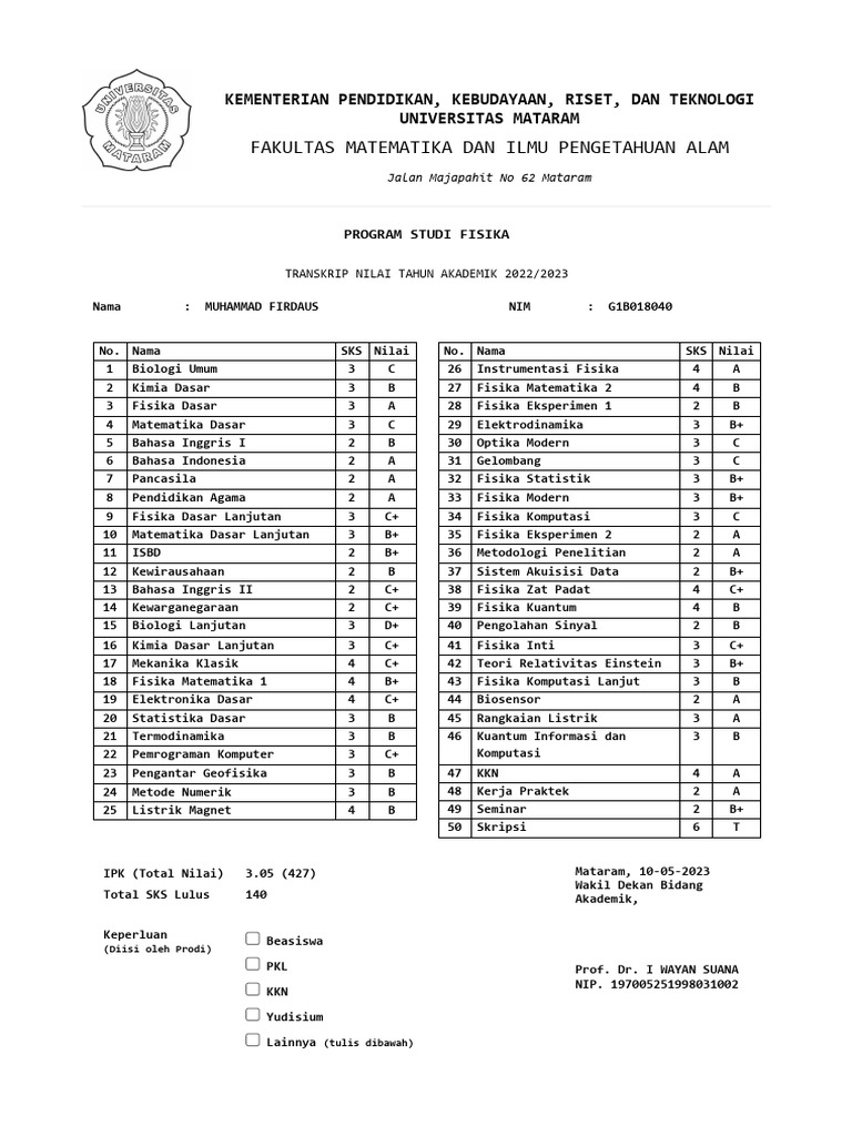 Cetak Transkrip Nilai Mahasiswa Firdaus Pdf
