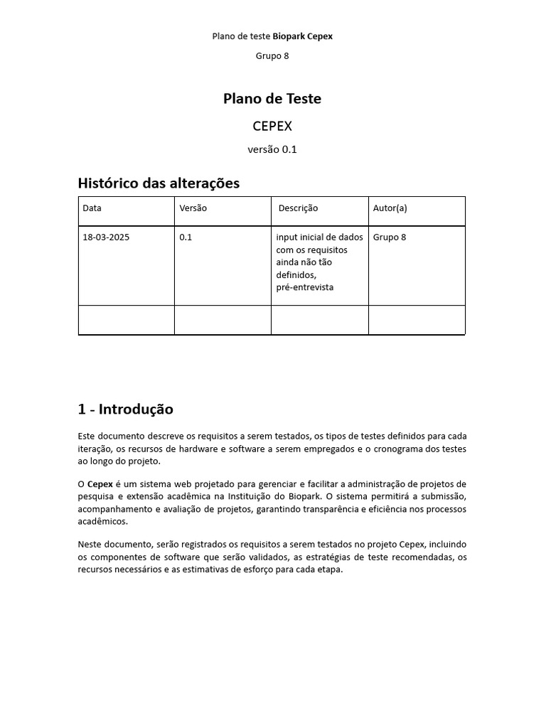 Plano de Teste Cepex v0.1.Docx | PDF | Testes de software | Diagrama de ...