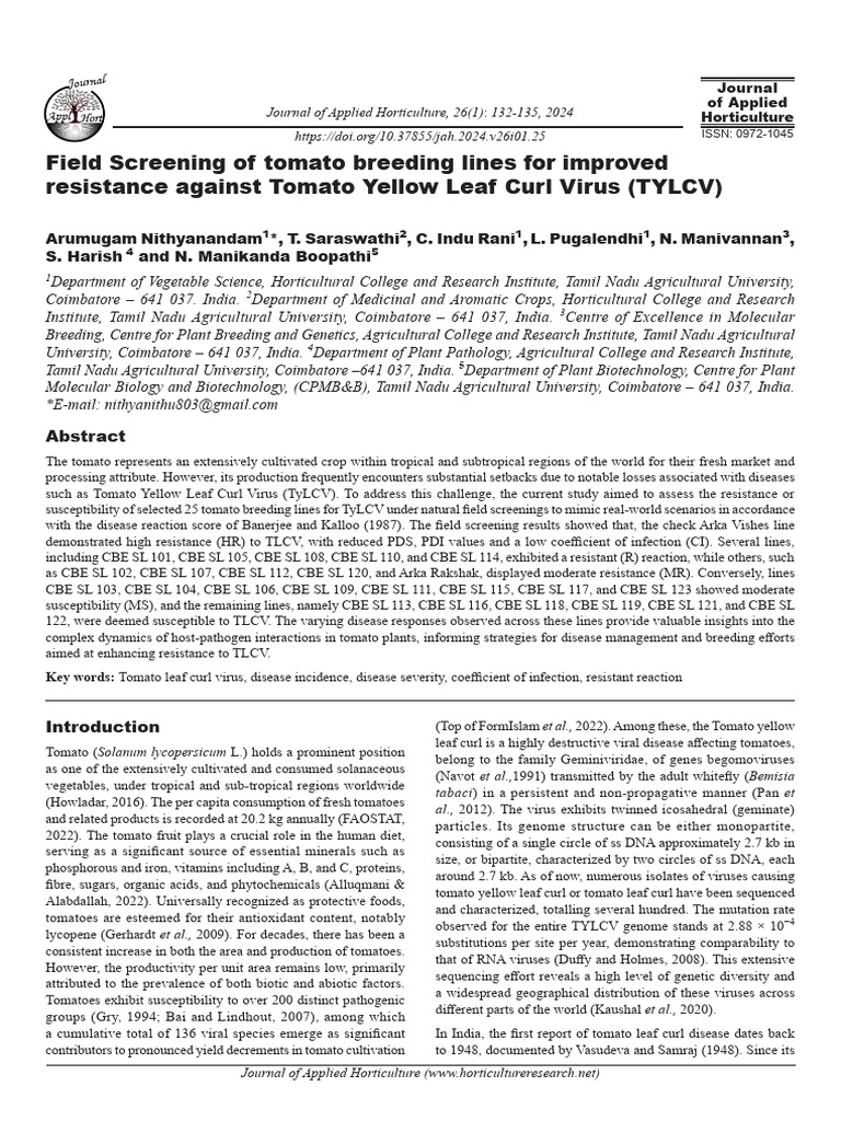 Field Screening of Tomato Breeding Lines For Improved | PDF | Plant ...