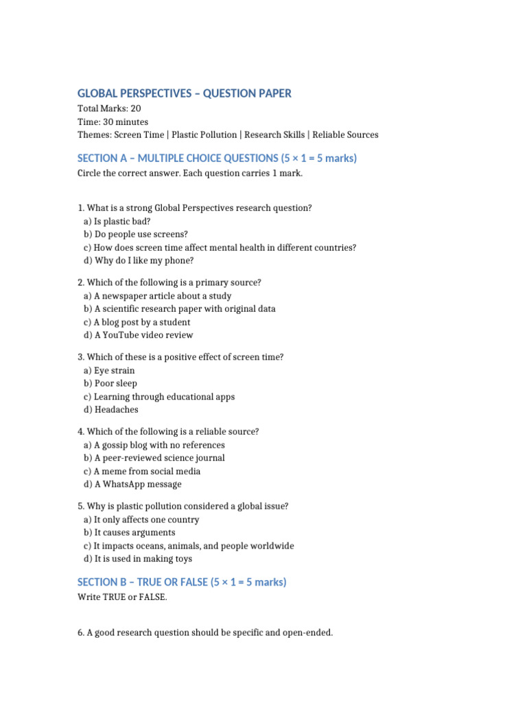 GP Question Paper ScreenTime Research PlasticPollution | PDF