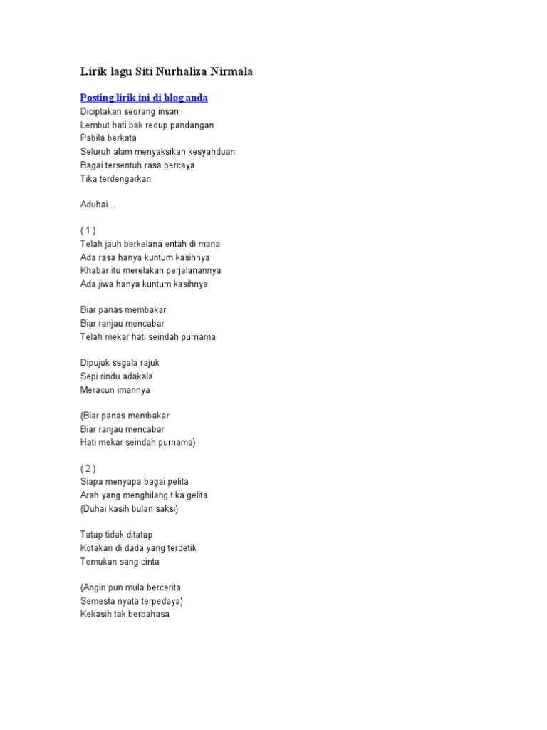 Lirik Lagu Siti Nurhaliza Nirmala Pdf