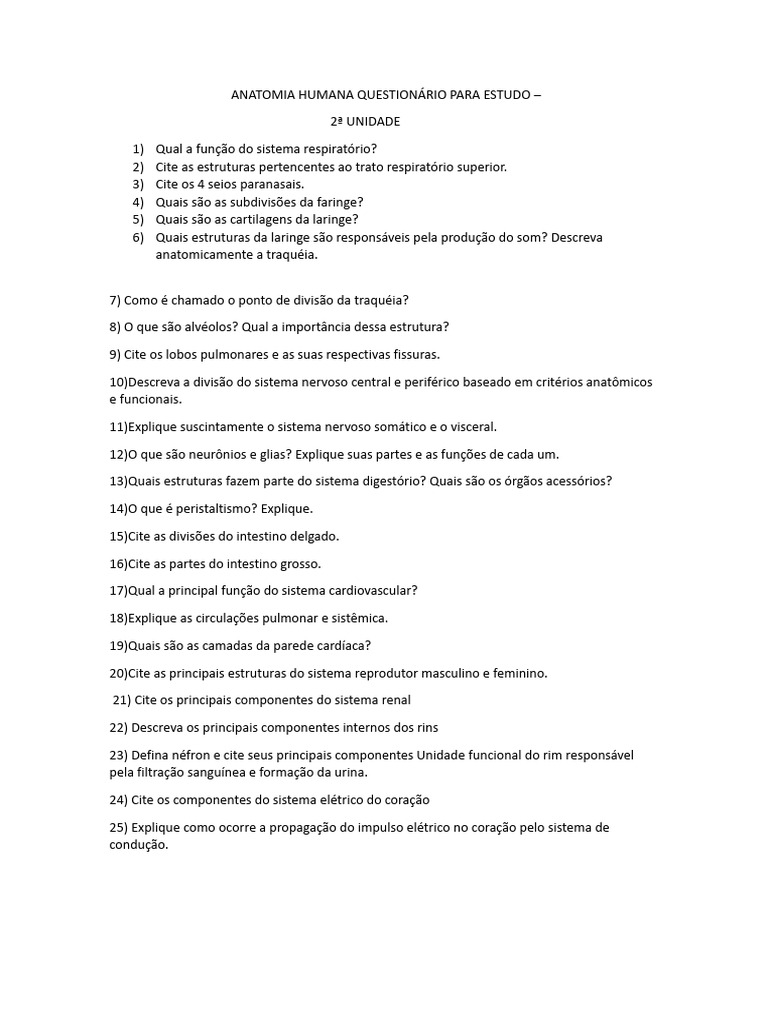Questionário de Anatomia Humana | PDF