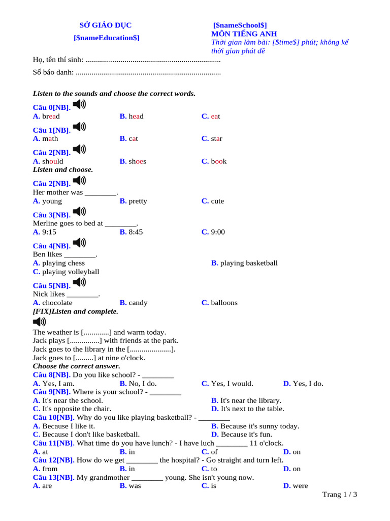 English Listening Test Template | PDF