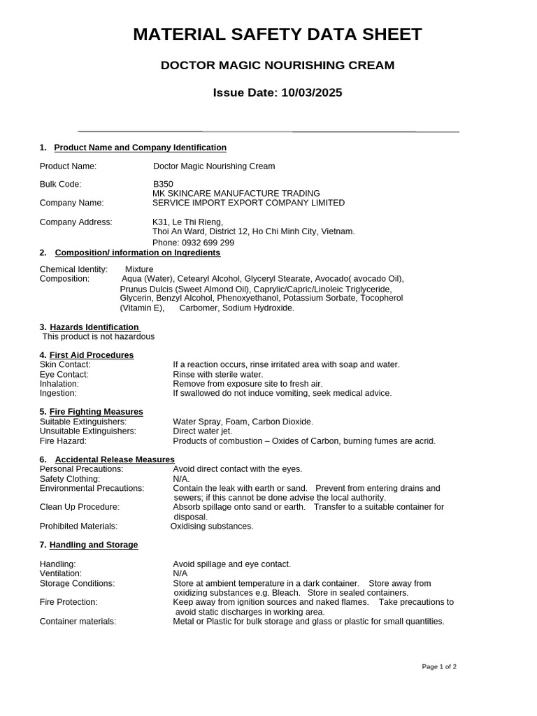 Doctor Magic Nourishing Cream MSDS | PDF | Water | Solubility