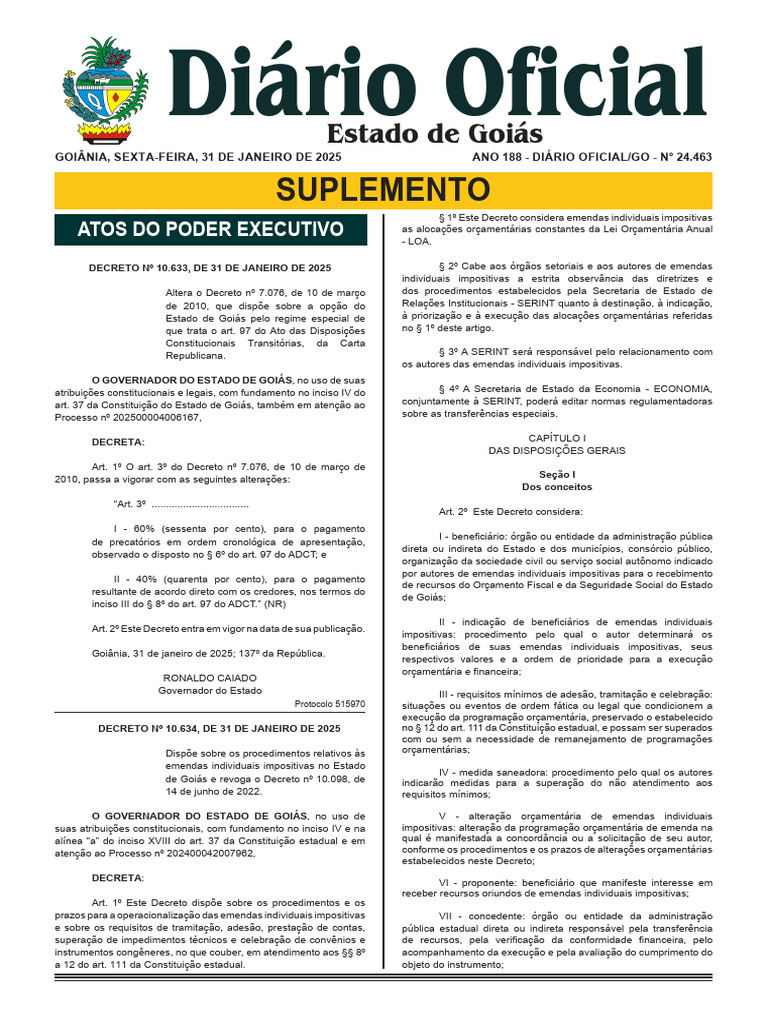 Decretos do Estado de Goiás - Janeiro 2025 | PDF | Emenda ...