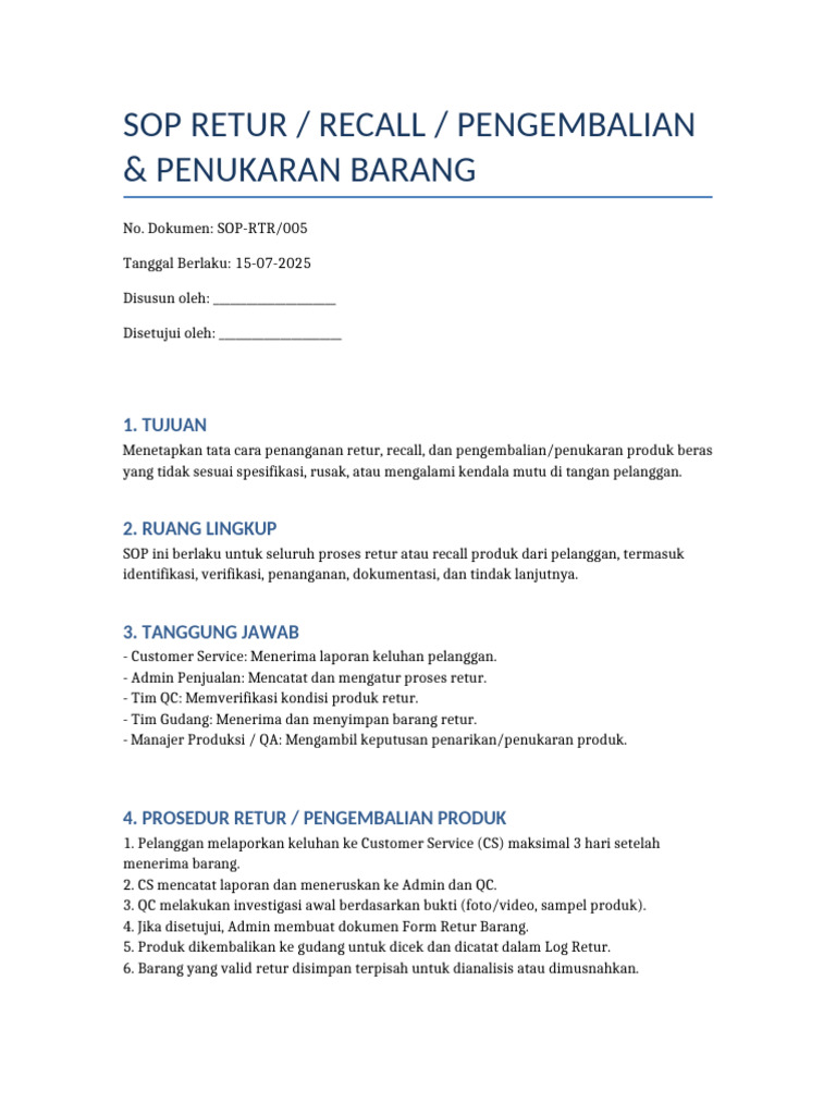 SOP Retur Recall Pengembalian Produk Beras | PDF