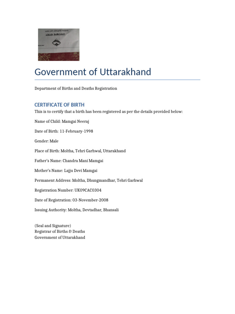 Uttarakhand Birth Certificate: Online Registration, Download Form 5 PDF & Correction visual data 7