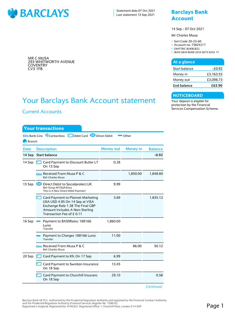 Statement 07-OCT-21 AC 73824217 | PDF | Overdraft | Debit Card