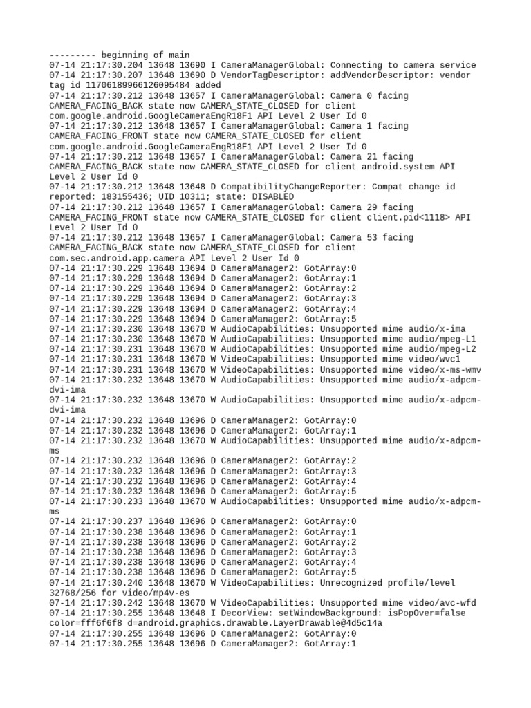 Camera State and Compatibility Logs | PDF | Operating System Technology ...