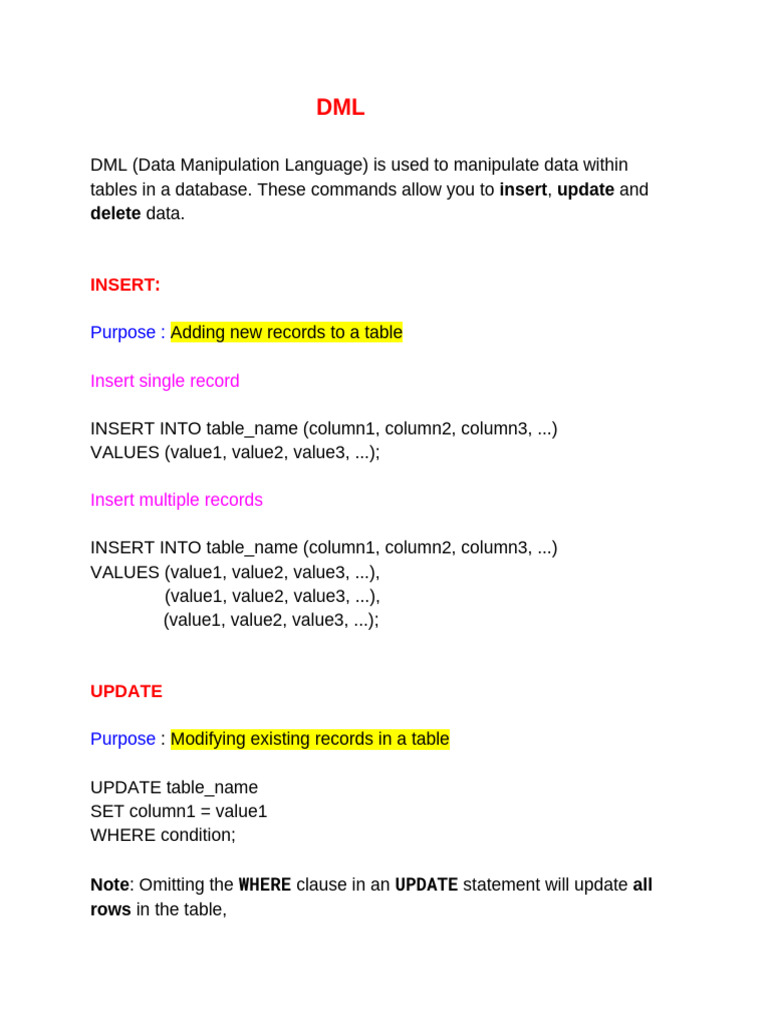 DML Commands: Insert, Update, Delete | PDF