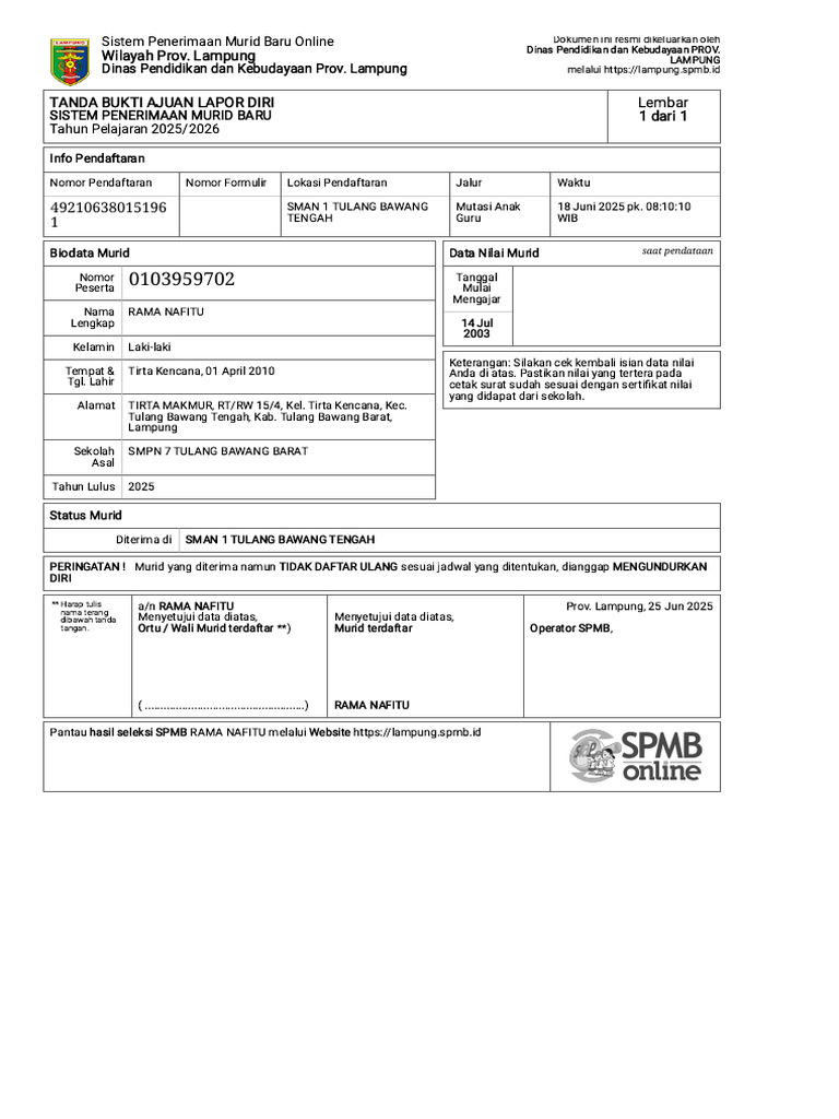 Tanda Bukti AJuan Lapor Diri - 0103959702 - RAMA NAFITU | PDF
