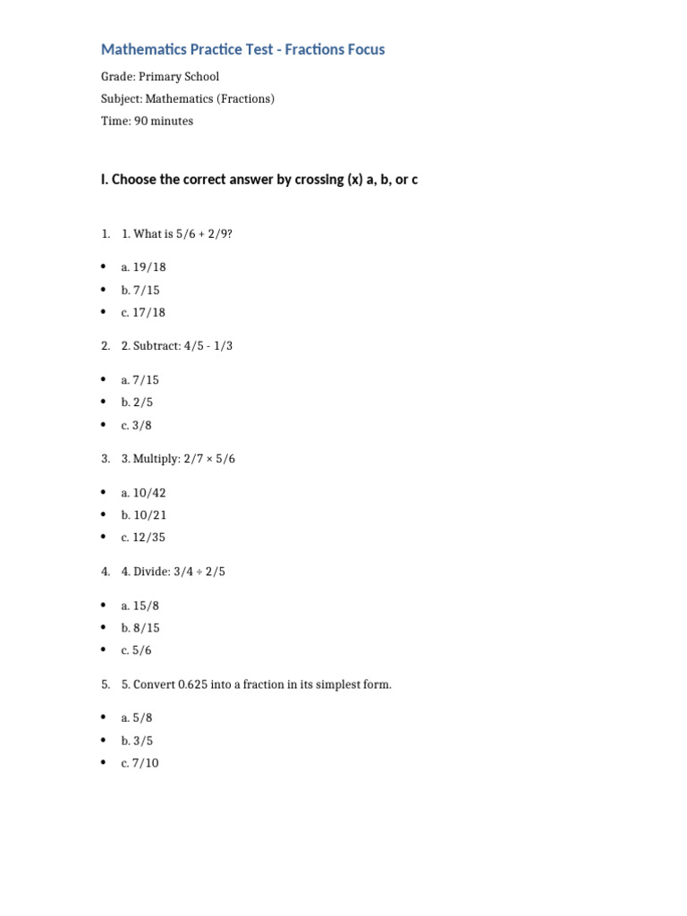 Primary School Fractions Practice Test | PDF