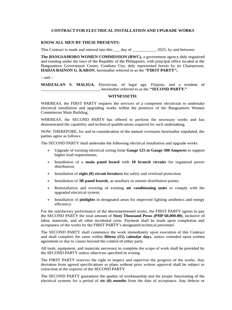 Contract For Electrical Works | PDF | Electrical Wiring | Electrician