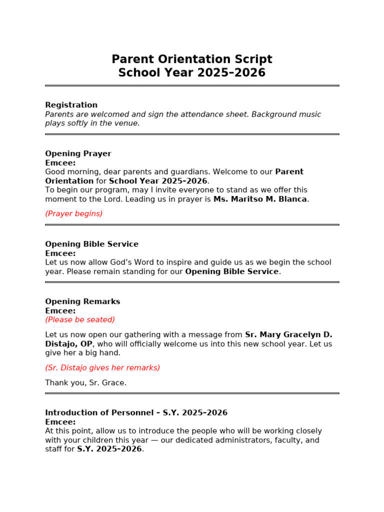 Parent Orientation Prayer Program 2025-2026 | PDF | Blessing ...