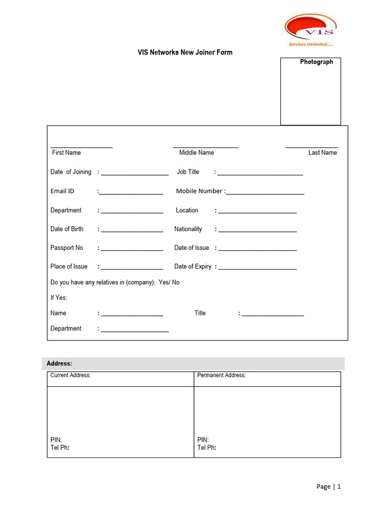 VIS Networks New Joiner Form | PDF