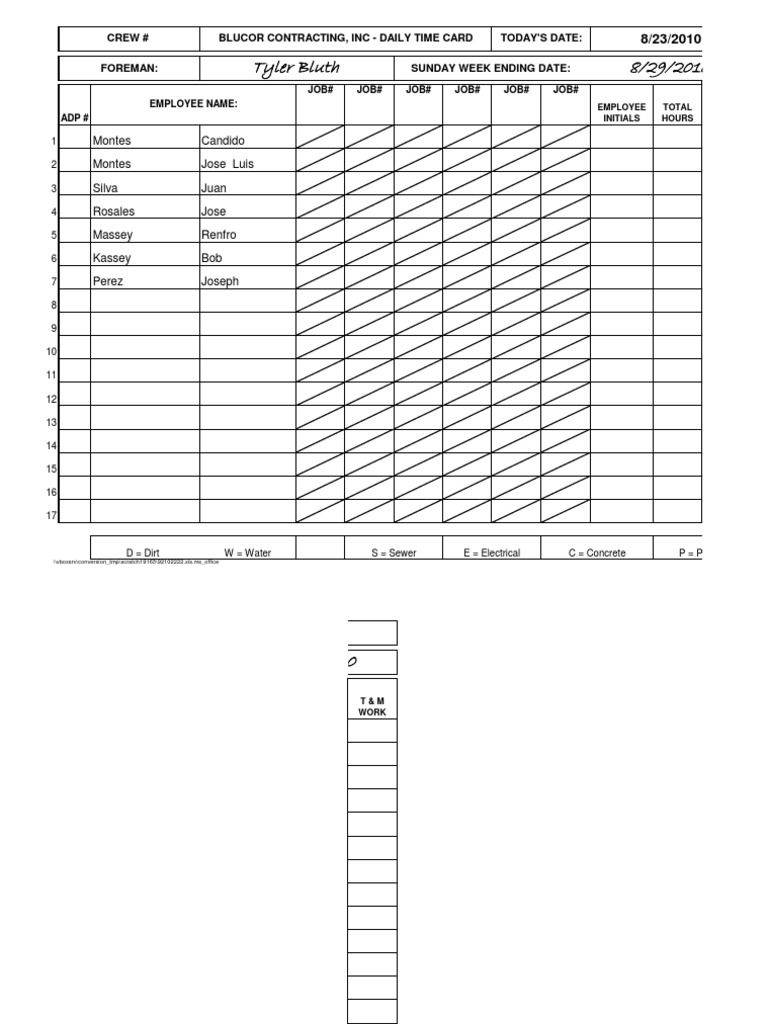 Blucor Contracting Daily Time Card | PDF | Nature