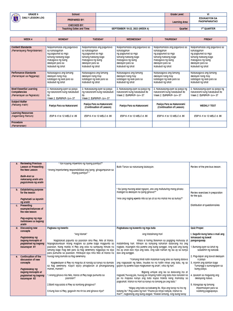 DLL - Esp6 Week 4 - Q1 | PDF