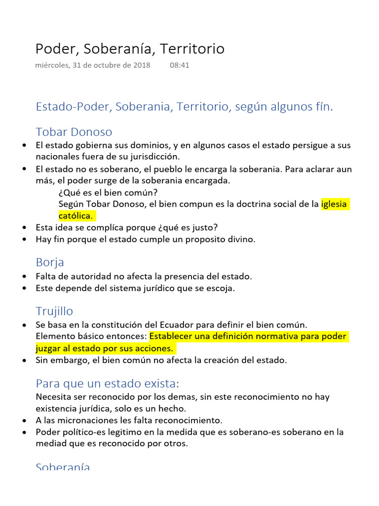 Notas Poder Soberania Territorio | PDF | Soberanía | Estado (política)