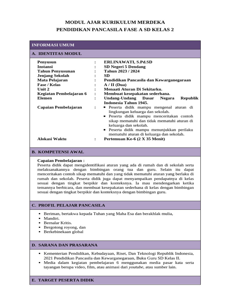 Modul Ajar Pendidikan Pancasila SD Kelas 2 | PDF