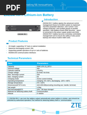 ZXESM R011 48V Lithium-ion Battery Specs | PDF | Lithium Ion