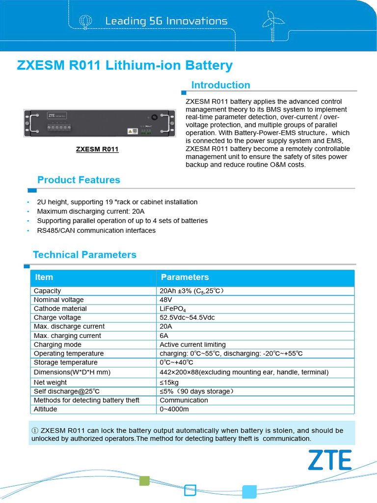 ZXESM R011 48V Lithium-ion Battery Specs | PDF | Lithium Ion