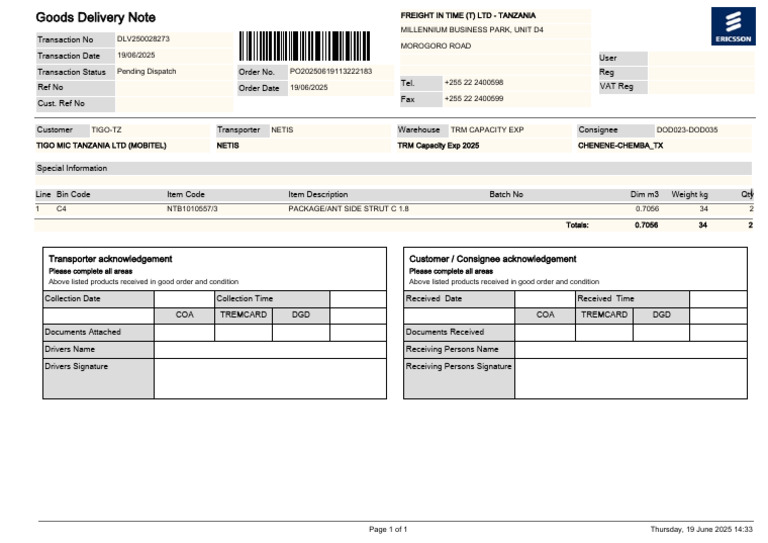 Goods Delivery Note for TIGO-TZ | PDF