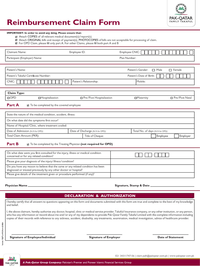Reimbursment Health Claim Form | PDF | Patient | Hospital
