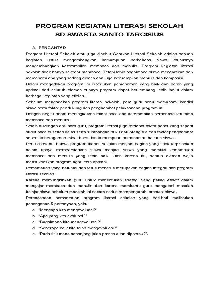 Contoh Kegiatan Literasi Sekolah SD | PDF
